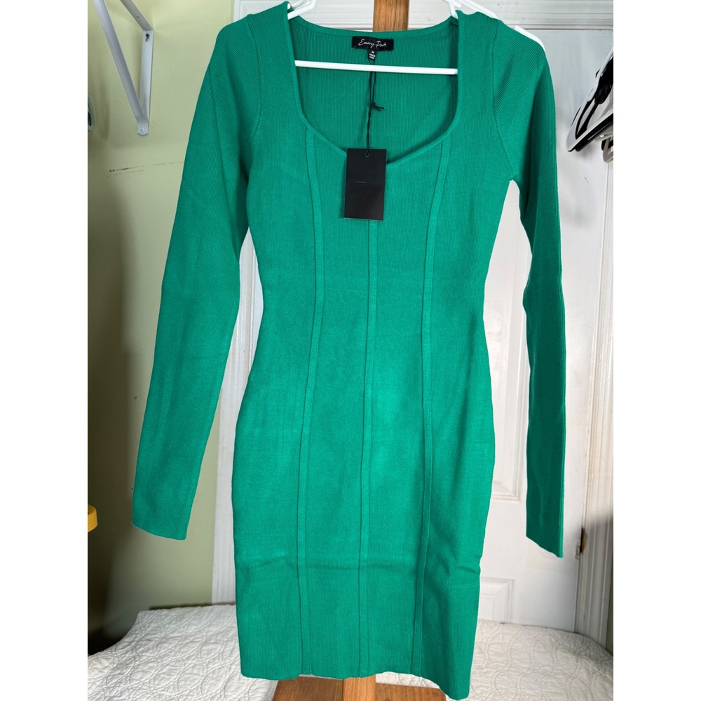 Emory Park Green Ribbed Knit Long Sleeve Mini Dress Scoop Neck Bodycon M NWT